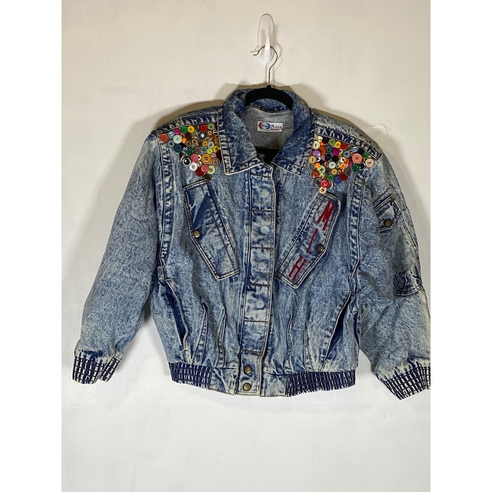 Vintage 80s Acid Wash Denim‎ Jacket Button Embellished Monogram M Cropped